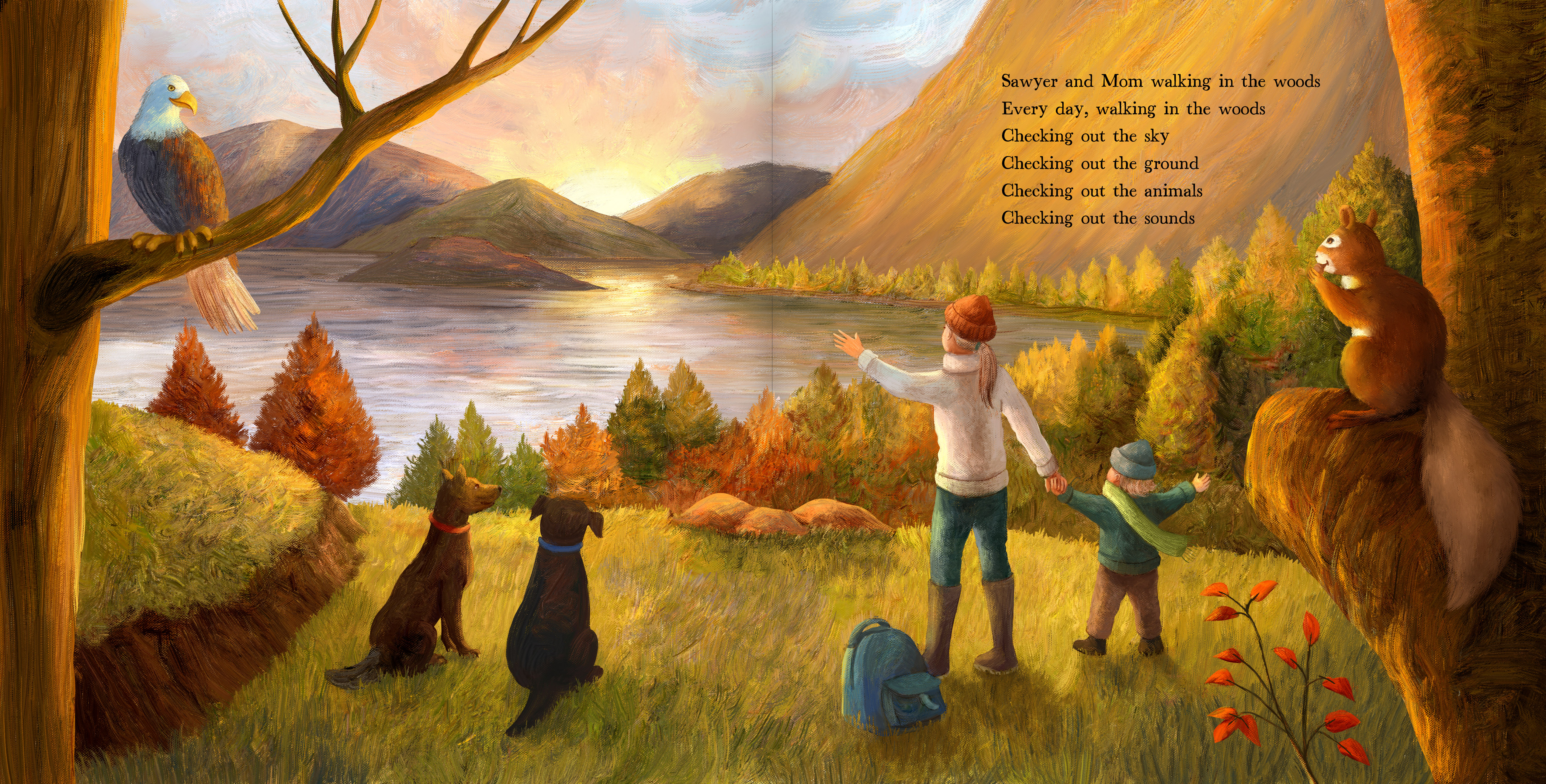 Two-page spread of a mother and child overlooking a lake at sunset with their dogs, from 'Walk in the Woods'.